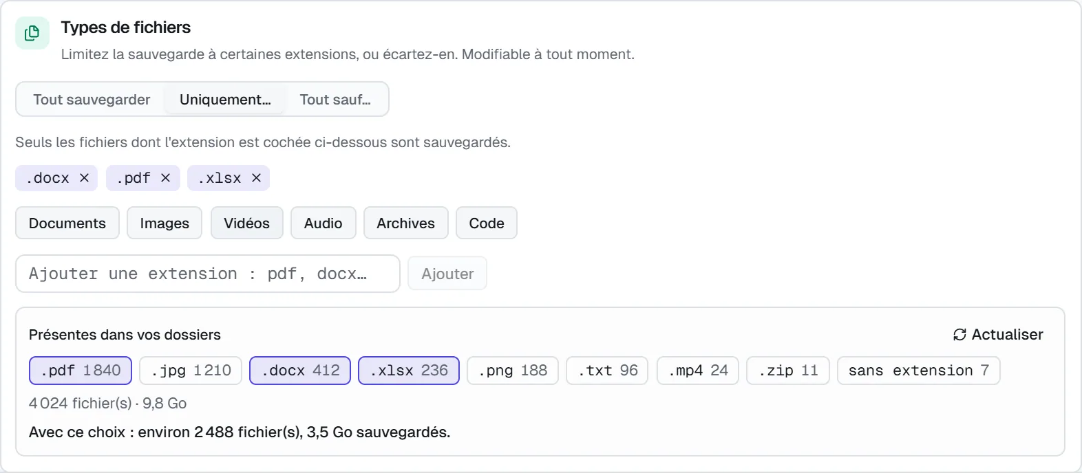 Sélecteur de types de fichiers : préréglages et extensions détectées.